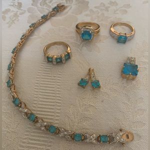 Gold Tone Aquamarine Rings, Bracelet and Pendants — Six piece Set